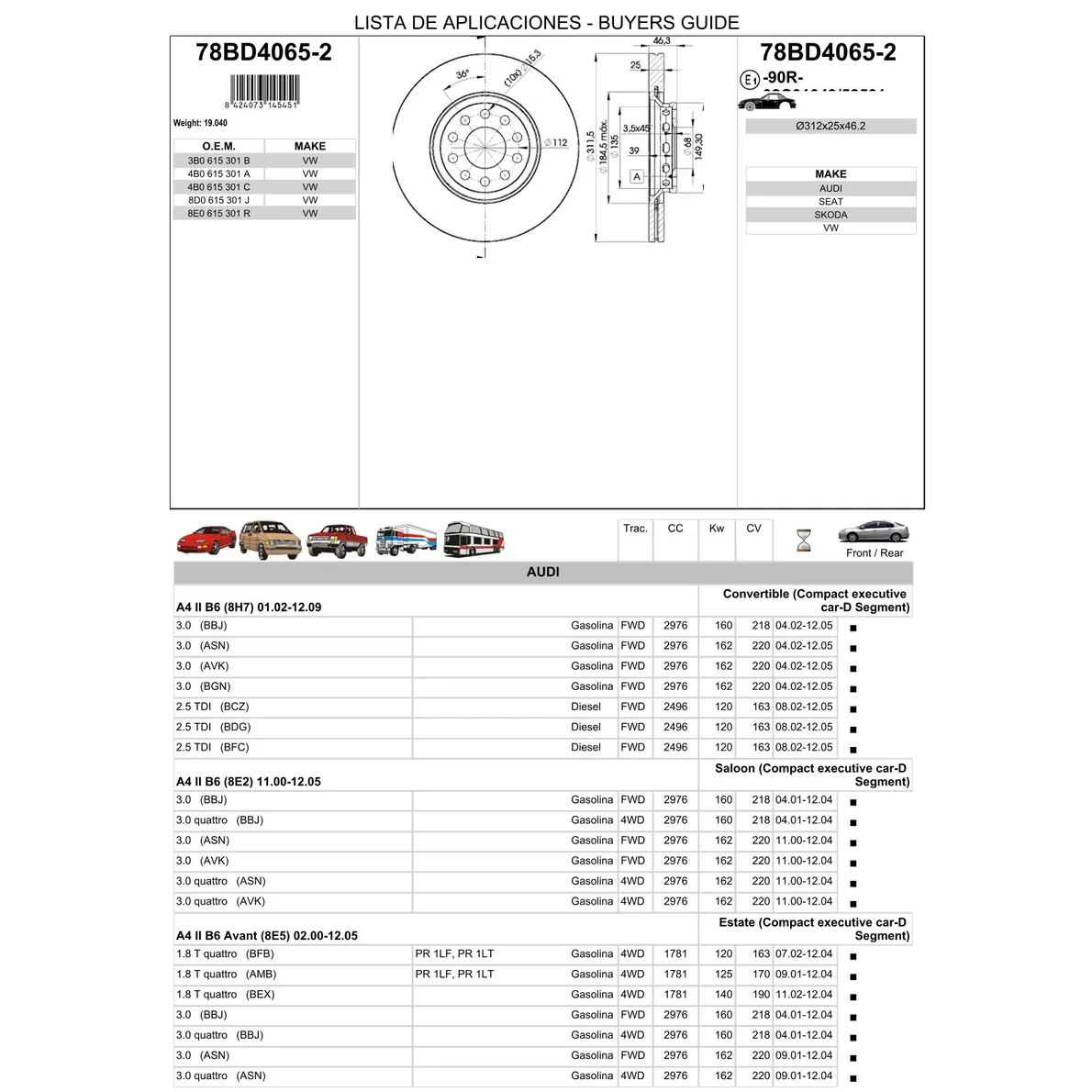 Диск тормозной передний AD A4/A6 01-> вент ICER 78BD4065-2