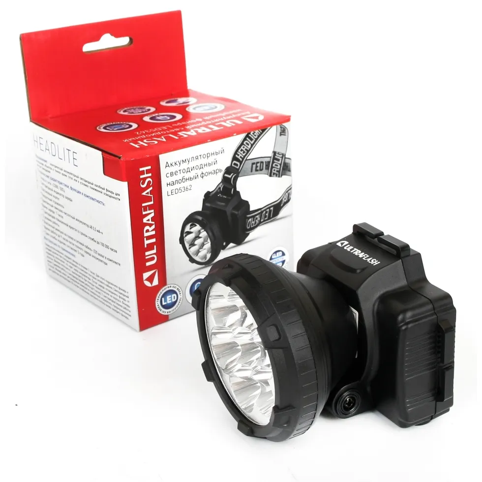 Фонарь налобн аккум 220В, черный, 7LED, 2 реж, пласт, бокс ULTRAFLASH LED5362