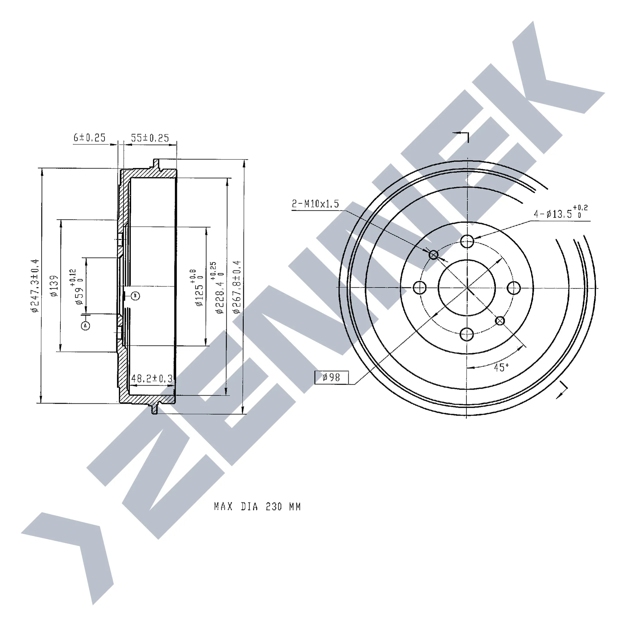 Барабан тормозной ALFA ROMEO 145 94-01, CITRON NEMO 08- ZENNEK DDR0017