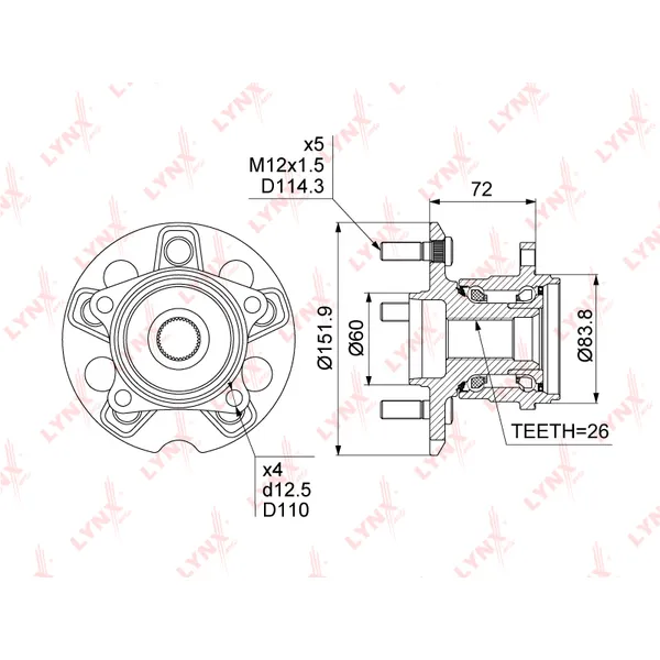 Ступица задняя в сборе LEXUS RX300-400h 4WD 03-08, TOYOTA Highlander I 2. LYNXauto WH-1352
