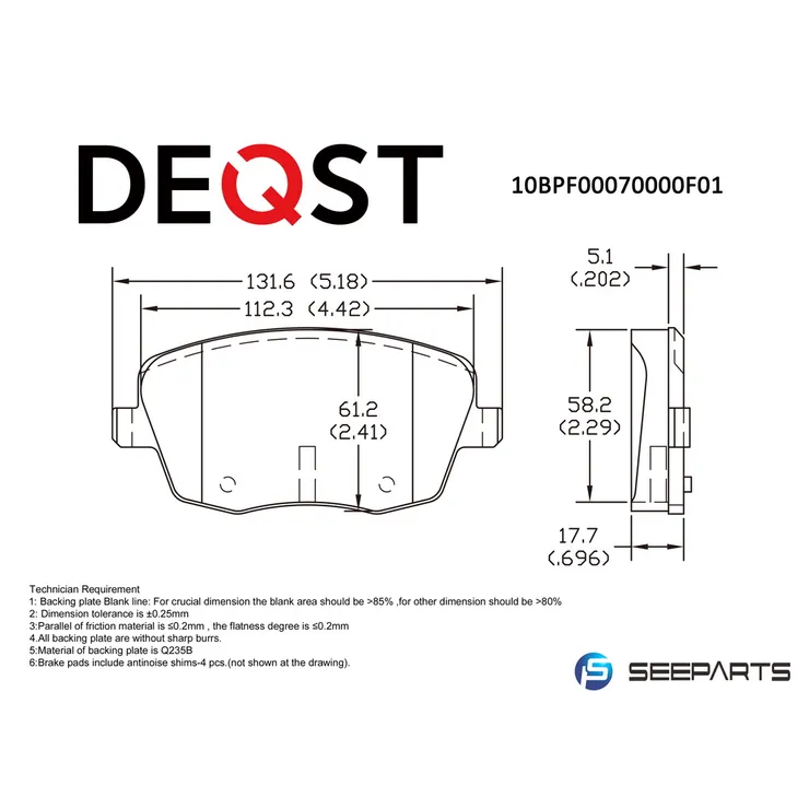 Колодки тормозные, передние SKODA FABIA/VOLKSWAGEN POLO 1.2-1.9D 01- DEQST 10BPF00070000