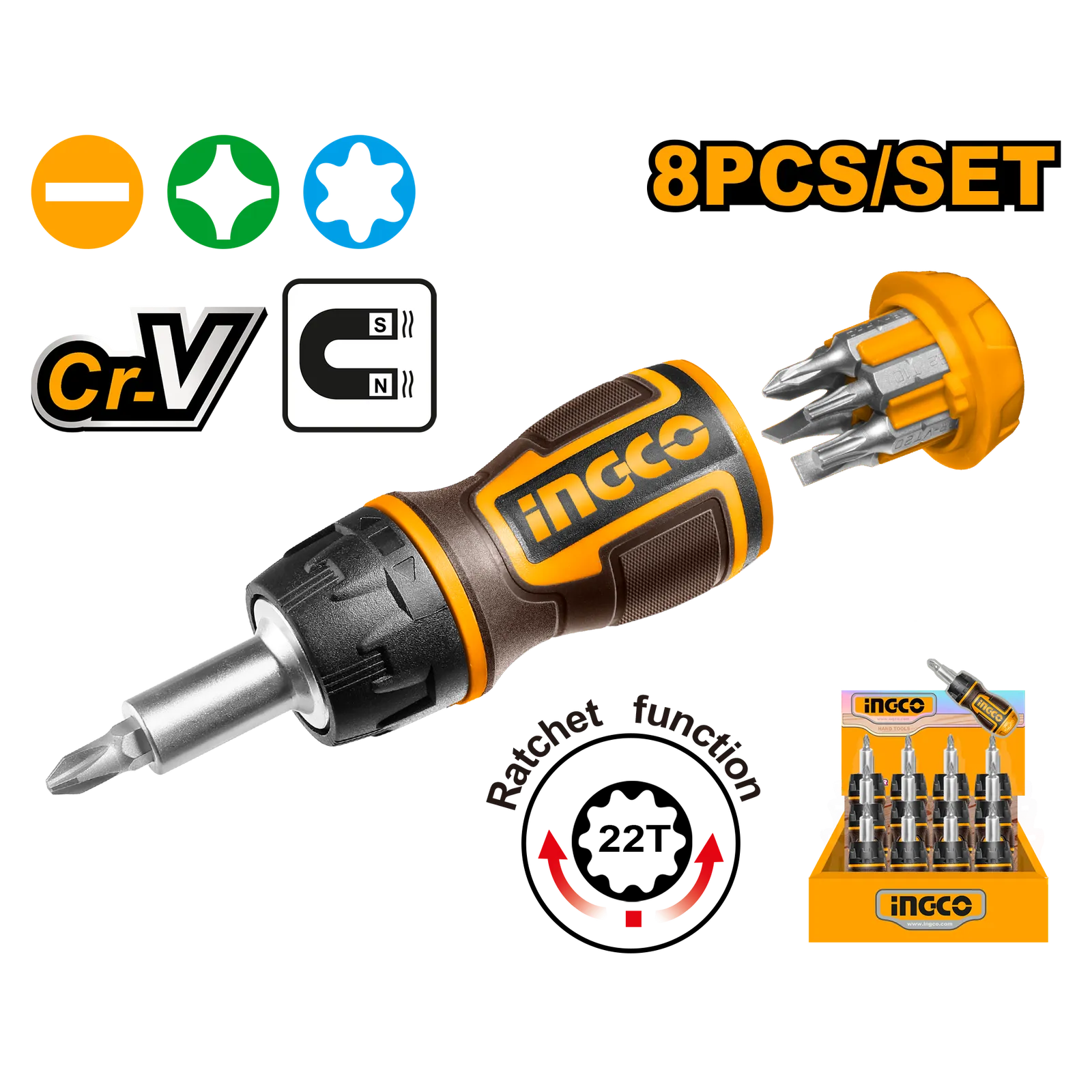 Отвертка трещоточная короткая с битами 8 в 1 INGCO AKISDS1728
