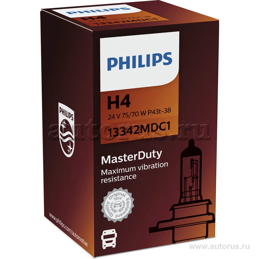 Лампа 24V H4 75/70W 1650lm P43T-38 3200K PHILIPS MasterDuty 1 шт. картон 13342MDC1