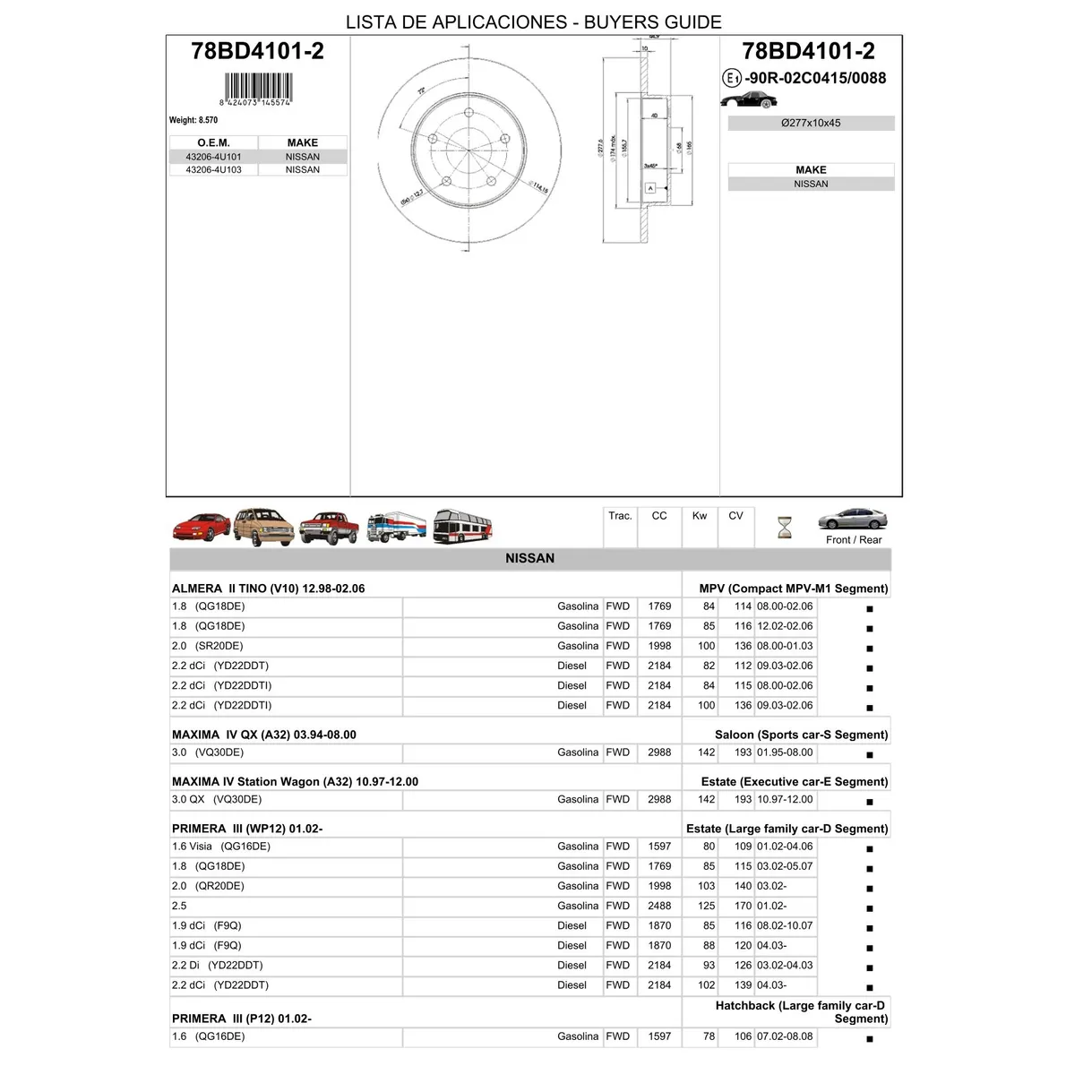 Диск тормозной задний NISSAN PRIMERA P12 ICER 78BD4101-2