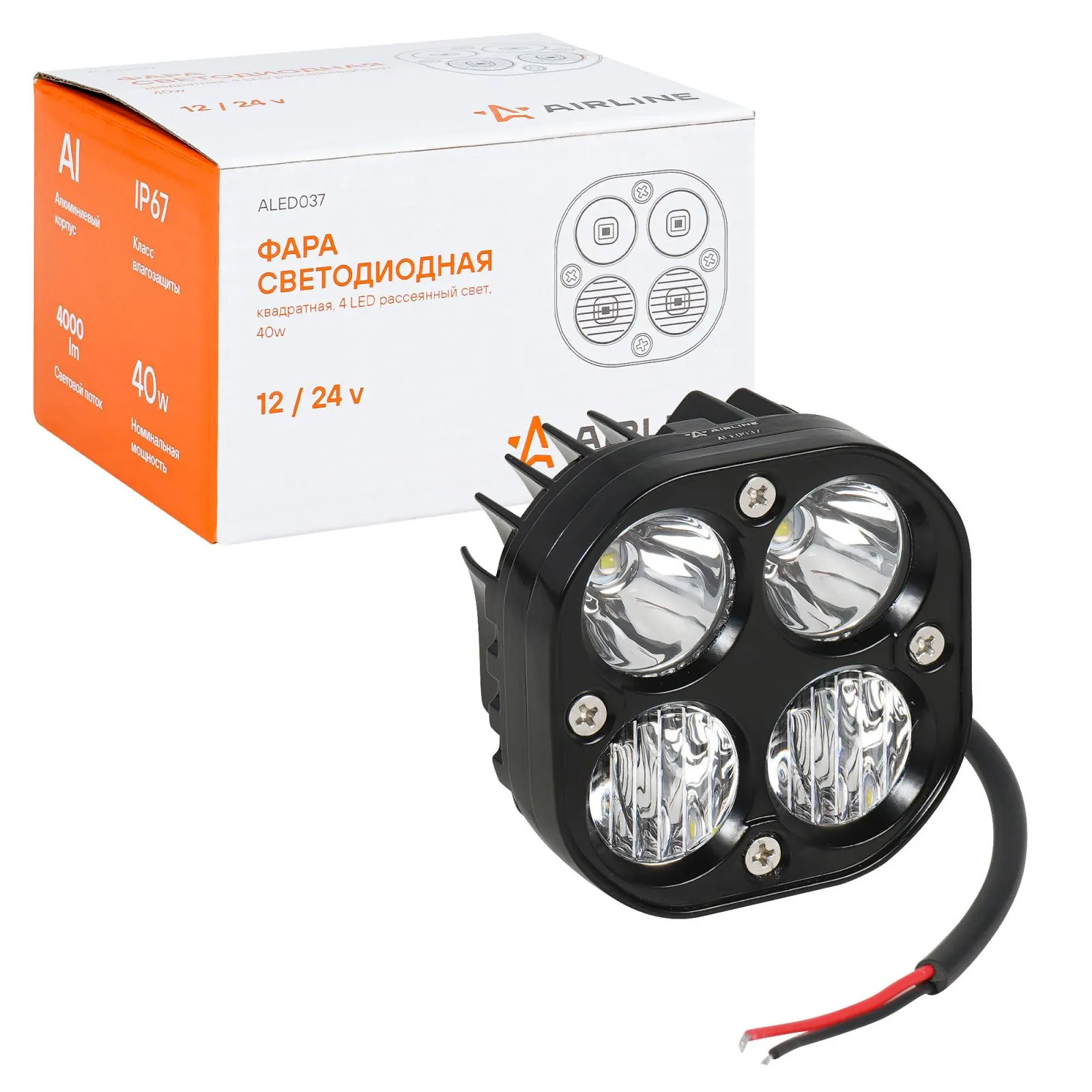 Фара светодиодная квадратная 4LED, рассеянный свет, 40Вт, 78х78х50мм, 12/24В AIRLINE ALED037
