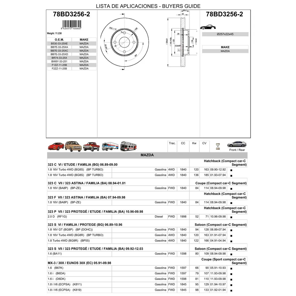 Диск тормозной передний MAZDA 323/MX-3/MX-5 /VENT D=257MM ICER 78BD3256-2