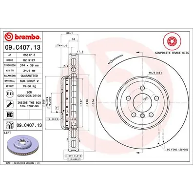 Диск тормозной BMW 5 F07/F10/7 F01-04 передний левый вент. D=374 мм. BREMBO 09.C407.13