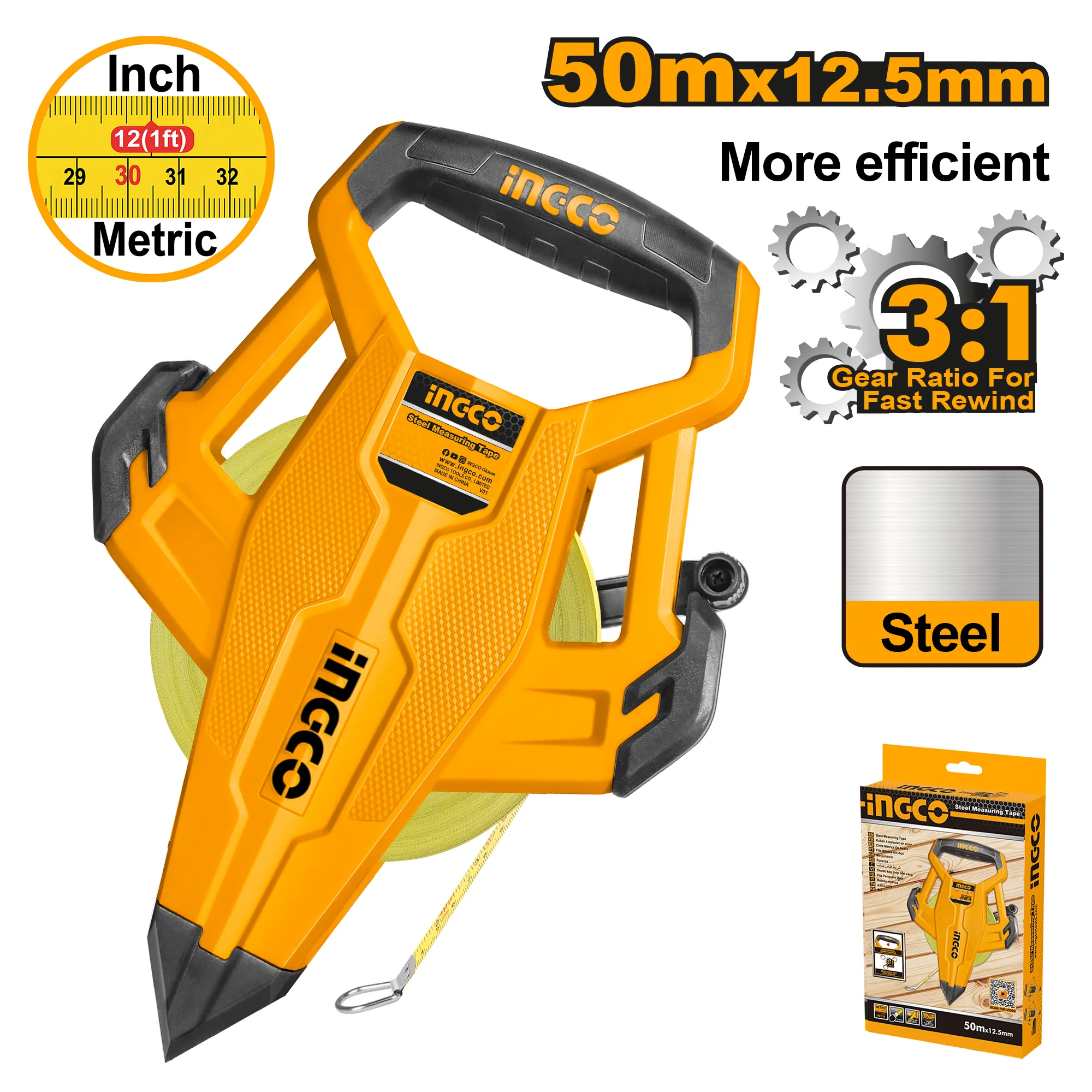 Рулетка геодезическая 50 х 12,5 мм стальная лента INGCO HSMT8550