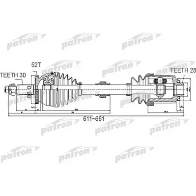 Полуось передний мост справа 30x611x88x28 ABS:52T HYUNDAI PATRON PDS0501