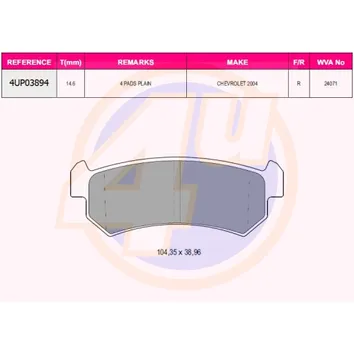 КОЛОДКИ ЗАД CHV/DAE LACETTI/NUBIRA/REZZO 1.4-2.0/2.0D 00- 4U 4up03894