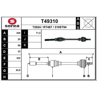 Привод передний правый 820mm renault fluence l30 1.6 10 EAI T49310