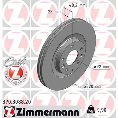 Диск тормозной передний с покрытием MAZDA CX-7 07-14 / CX-9 06-> ZIMMERMANN 370.3088.20