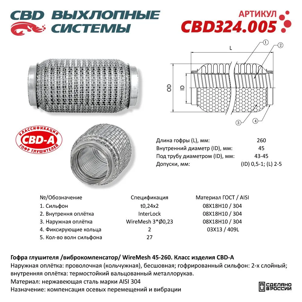 Гофра глушителя 3х-сл WIRE MESH 45-260. CBD324.005