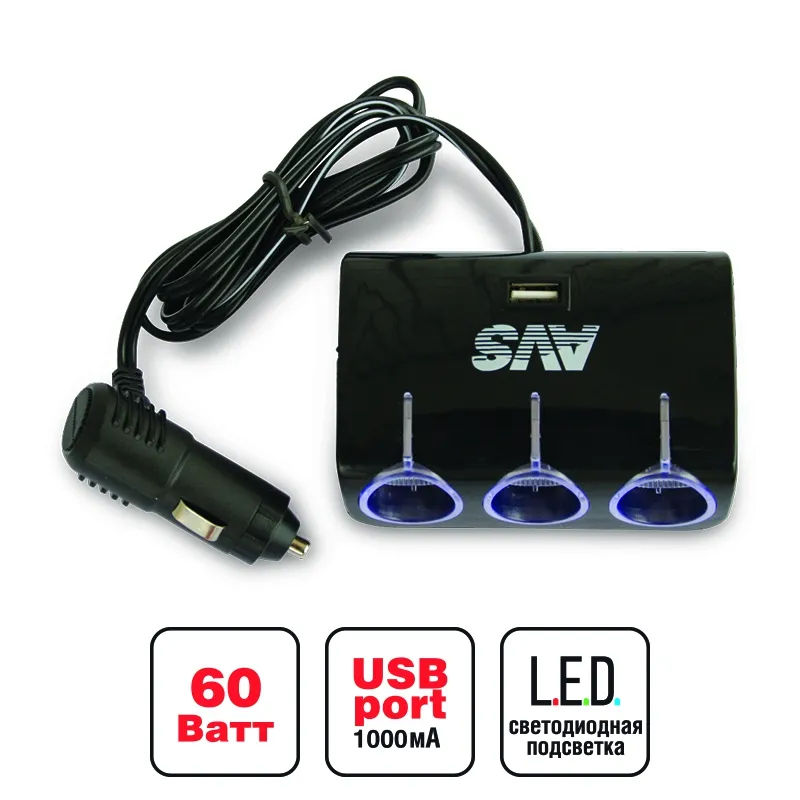 Разветвитель прикуривателя 12/24V, на 3 выхода + 1 USB, , Max Вт AVS A78115S