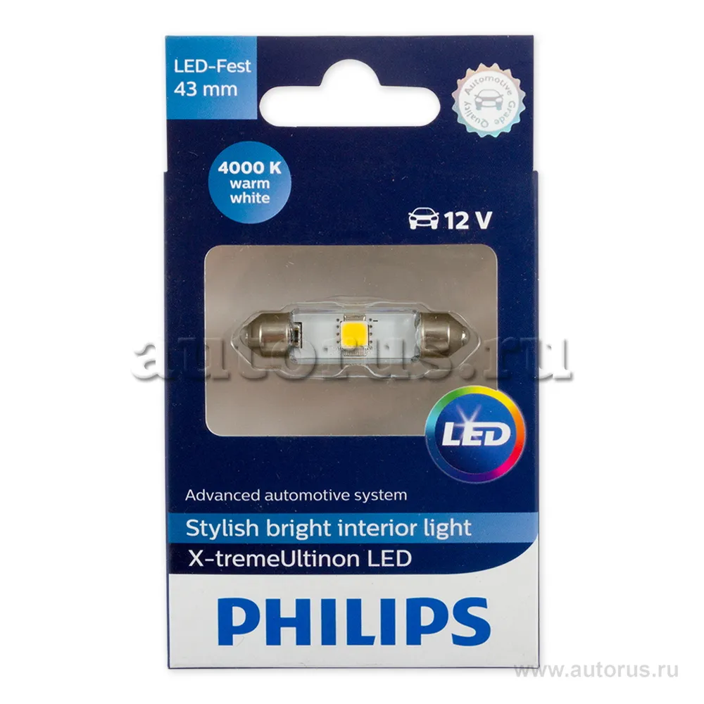 Лампа светодиодная 12V 1W 10,5x43 4000K PHILIPS X-tremeUltinon LED 1 шт. блистер 129454000KX1