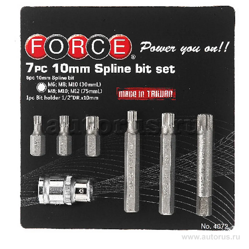 Набор 1/2 бит 10 мм Spline 12гр. 7пр. с держ. бит FORCE 4072