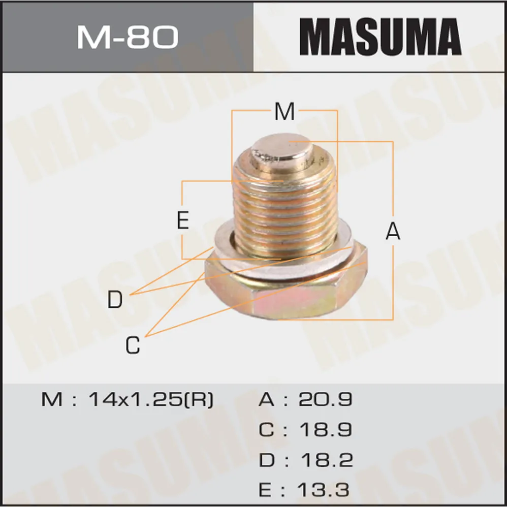 Болт маслосливной A/T С МАГНИТОМ (с шайбой) RENAULT 14x1.25(R) MASUMA M-80