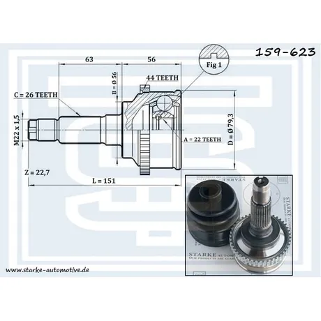 ШРУС MAZDA 323 V (BA) / KIA SEPHIA (FA) 08.94-- c ABS STARKE 159-623