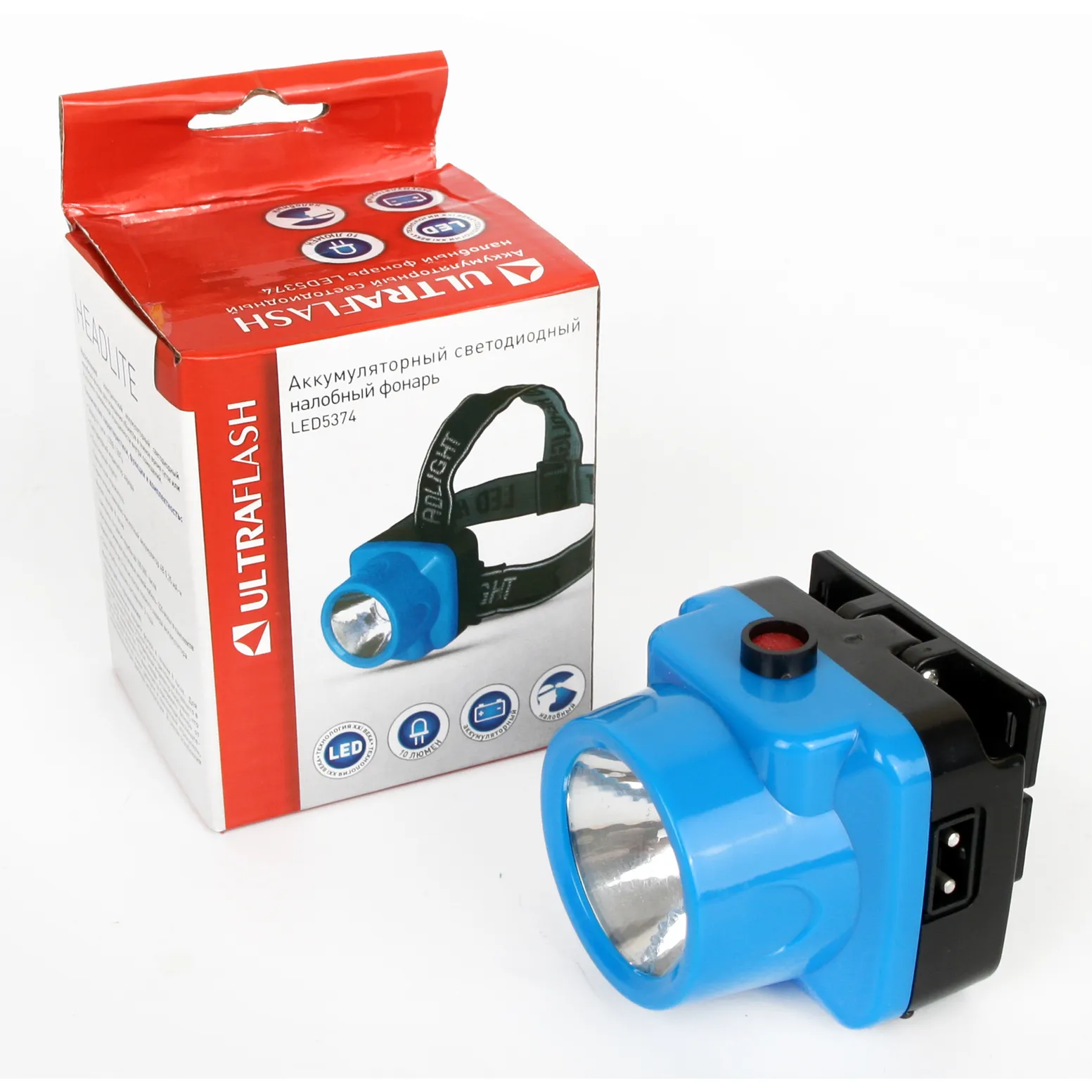 Фонарь налобн аккум 220В, голубой, 0,4 Ватт LED, 1 реж, пласт, бокс ULTRAFLASH LED5374