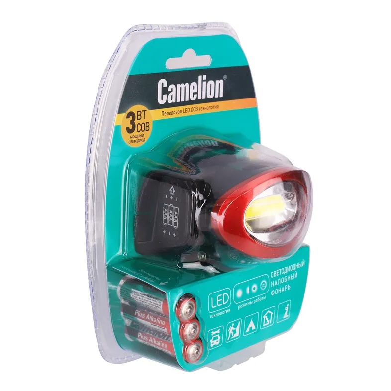 Фонарь налобн, черн., COB, 4 реж, 3XLR03 в компл, пласт, откр. блист LED5382 Camelion 13366