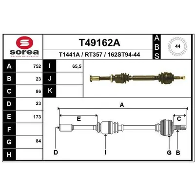 Привод правый 752mm abs renault megane 1.9dci 01 RENAULT EAI T49162A