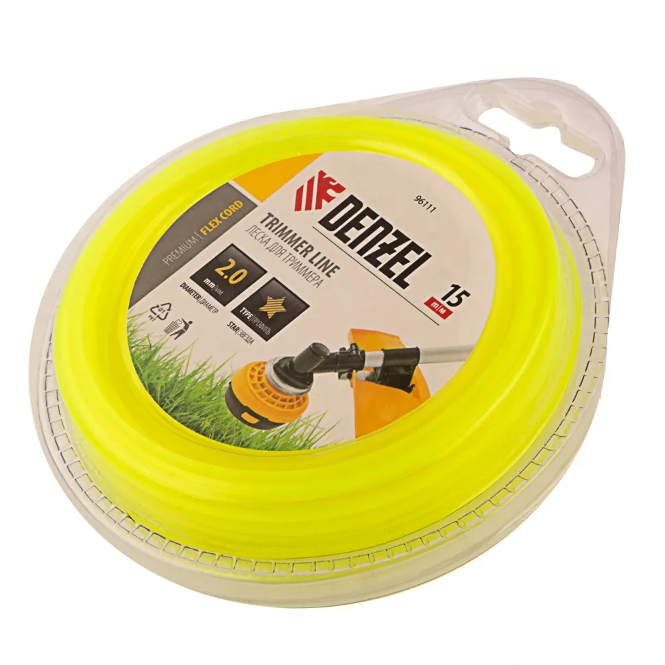 Леска для триммера, звезда 2 мм x15 м, блистер Flexcord Denzel 96111