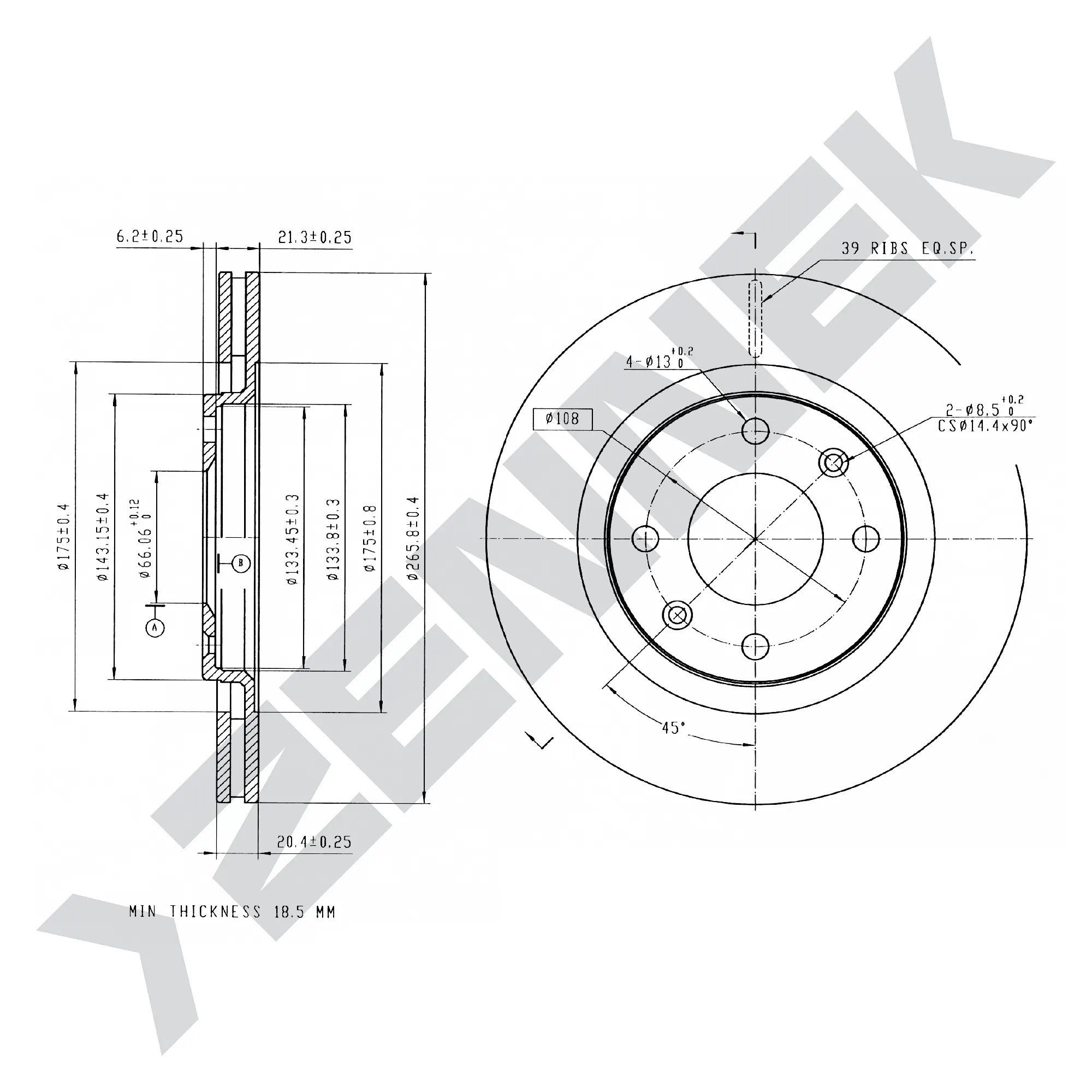 Диск тормозной передний CITRON BERLINGO 96-13, BX 82-94 (2 шт) ZENNEK DBD0045