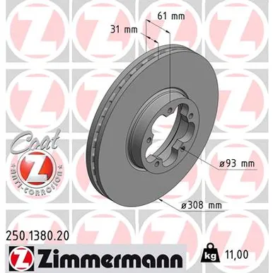 Диск тормозной передний с покрытием FORD TRANSIT 14-> ZIMMERMANN 250.1380.20