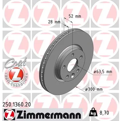 Диск тормозной передний FORD GALAXY, KUGA, MONDEO, S-MAX 06> VOLVO ZIMMERMANN 250.1360.20