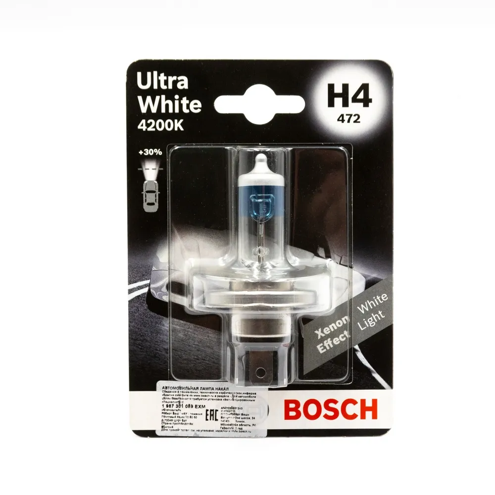 Лампа 12V H4 60/55W BOSCH ULTRA WHITE 1 шт. блистер 1 987 301 089