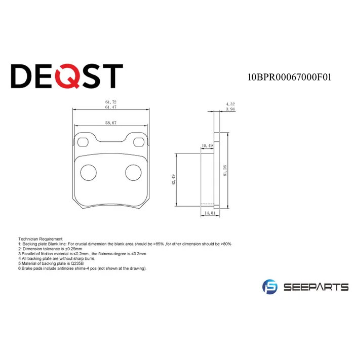 Колодки тормозные, задние OPEL OMEGA A/B VECTRA B/SAAB 900 93-98/9-3 98-03/9 DEQST 10BPR00067000