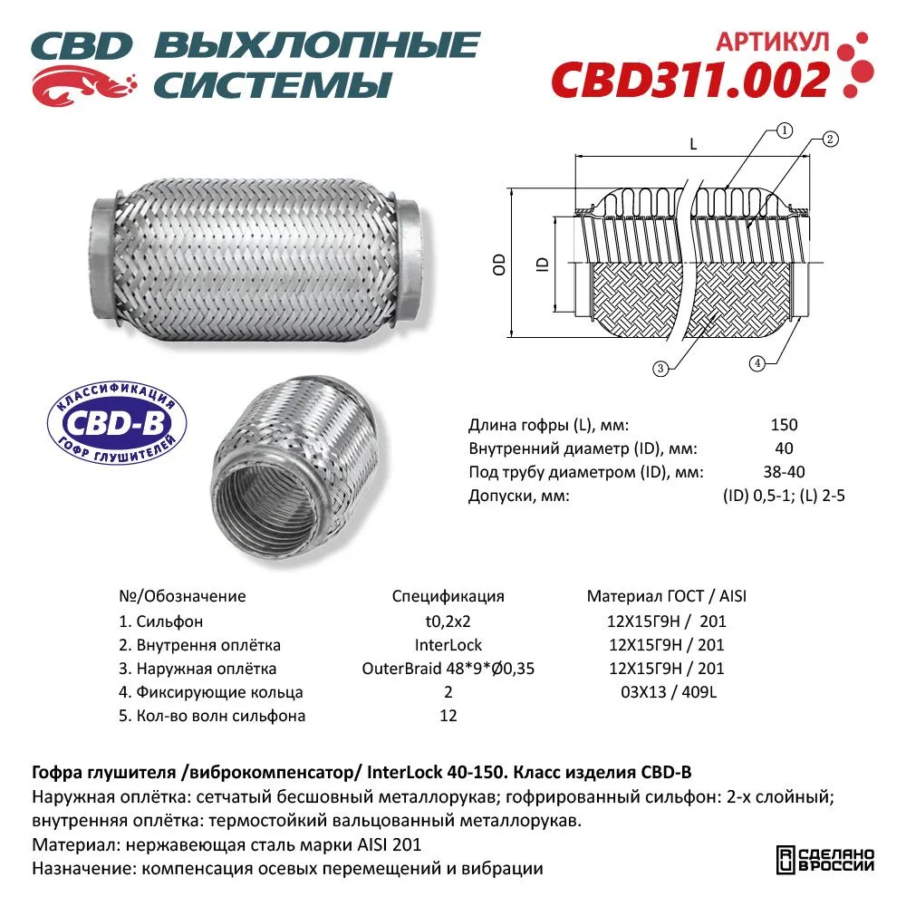 Гофра глушителя 3х-сл InterLock 40-150. CBD311.002