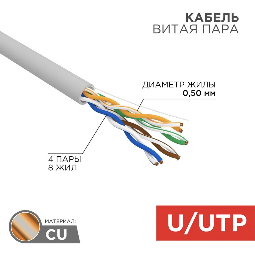 Кабель витая пара U/UTP, CAT5e, PVC, 4PR, 24AWG, внутренний, серый, бухта 305 м REXANT 01-0043