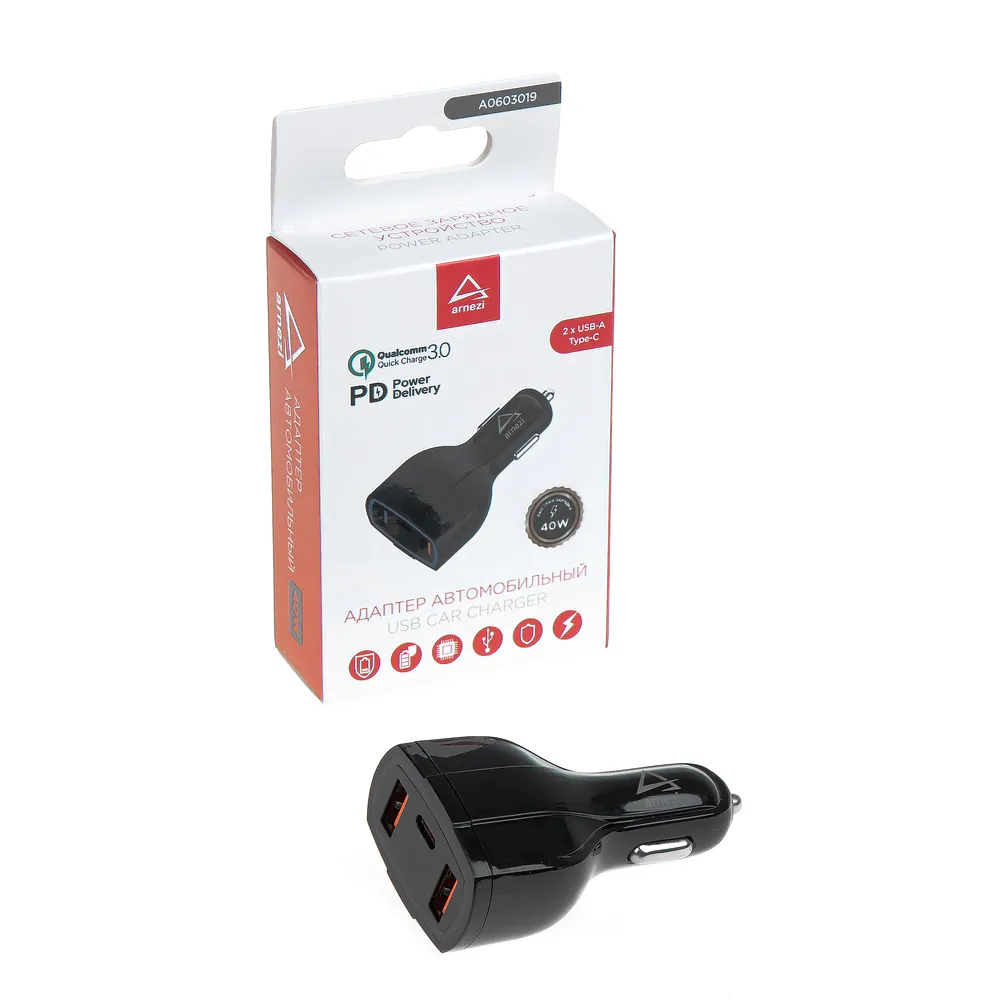 Адаптер автомобильный 40W 2хUSB-A 3.1А (QC3.0) + Type-С (PD 3.0) 12-24V в прикуриватель ARNEZI A0603019