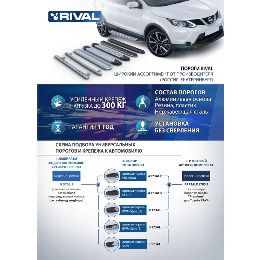 Порог алюминиевый Bmw-Style круги Toyota Rav4 IV (CA40) 2013-2015 Серебристый, черный Rival D173AL.5705.3