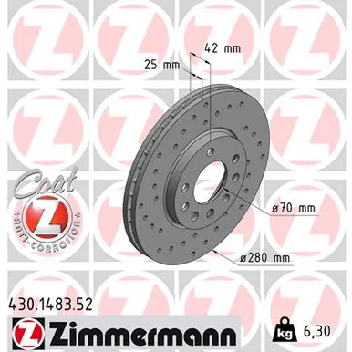 Диск тормозной передний OPEL ASTRA G, H, ZAFIRA, MERIVA ZIMMERMANN 430.1483.52