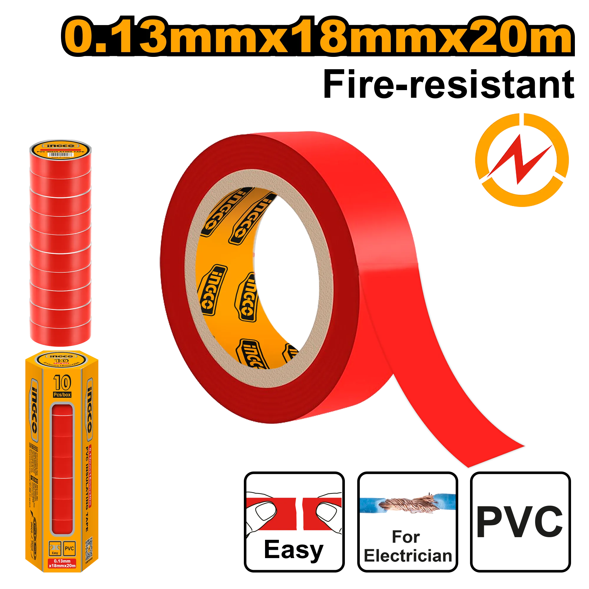 Лента изоляционная красная 20 м ПВХ INGCO HPET1012