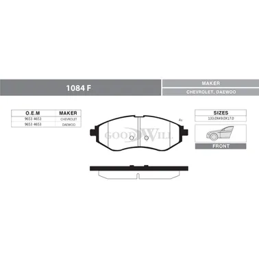 Колодки тормозные дисковые передние, комплект CHEVROLET AVEO-2 GOODWILL 1084F