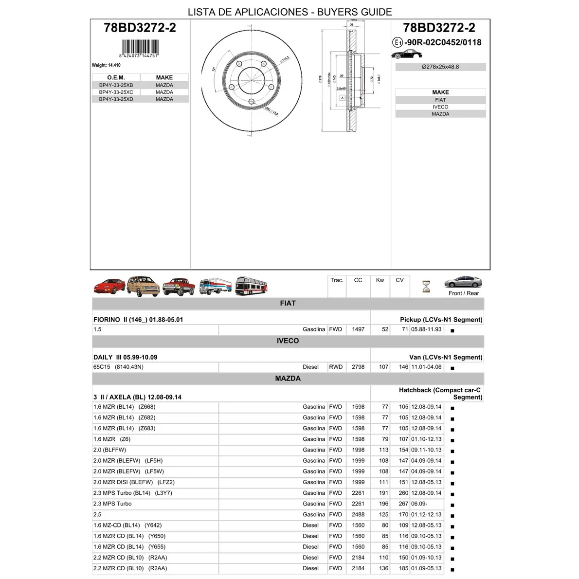Диск тормозной передний MAZDA 3 ICER 78BD3272-2