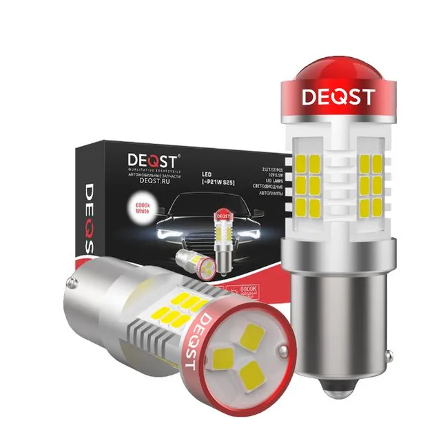 Лампа светодиодная S25 P21W BA15s 12-24V 5,5W 6000K 1300lm 2шт DEQST 241001