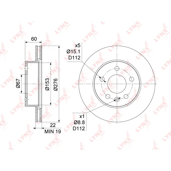 Диск тормозной передний MB VITO W638 96-03 /VENT.D=276MM LYNXAUTO BN-1080