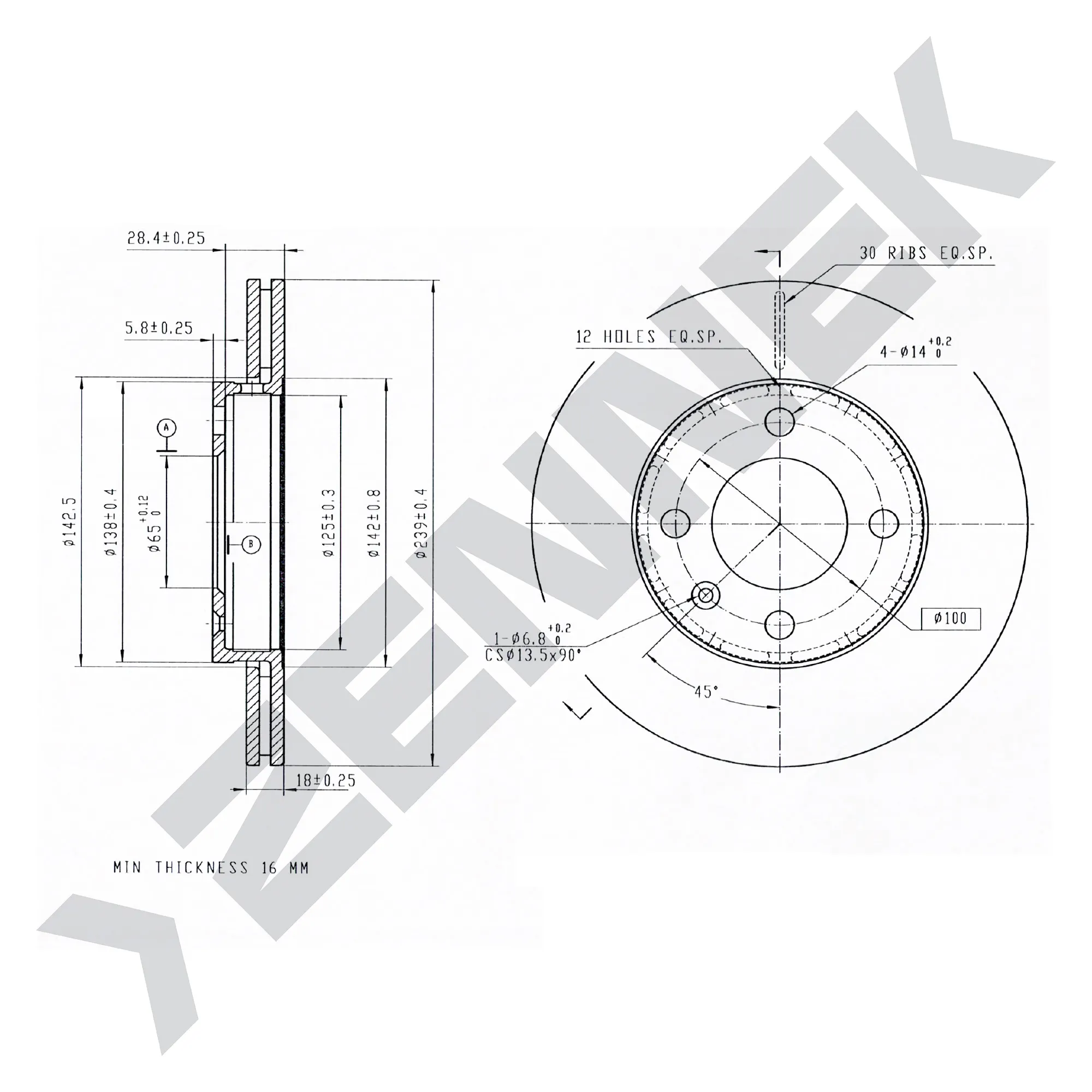 Диск тормозной передний VW LUPO 98-05, VW POLO 94-09 (2 шт) ZENNEK DBD0211