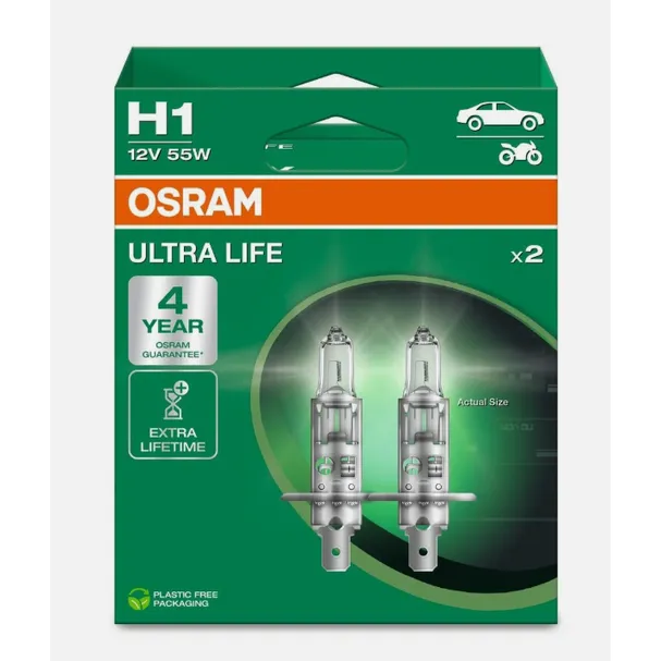 Автомобильная галогенная лампа OSRAM H1 12V 55W P14,5s 3200К ULTRA LIFE (комплект 2 шт) 64150ULT-2HB