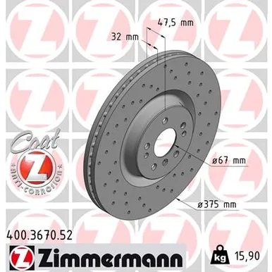 Диск тормозной вентилируемый, перфорированный ZIMMERMANN 400.3670.52