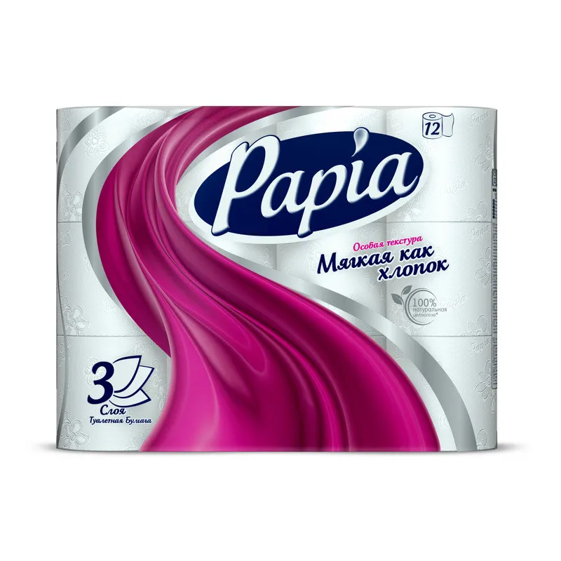 Бумага туалетная Papia Белая 3сл бел 100цел втул 16,8м 140л 12рул/уп 483019