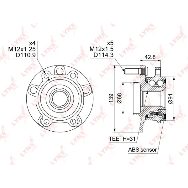 Ступица передняя в сборе L=R MAZDA 3 III 2013->/6 III 2012->/CX-5 LYNXauto WH-1500