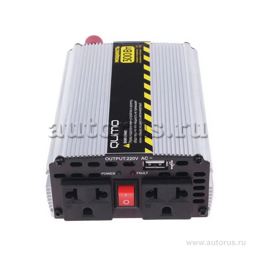 Автоинвертор(розетка в авто) Qumo (16184) 12>220v/300W в прикуриватель и к аккумулятору, USB выход,система защиты