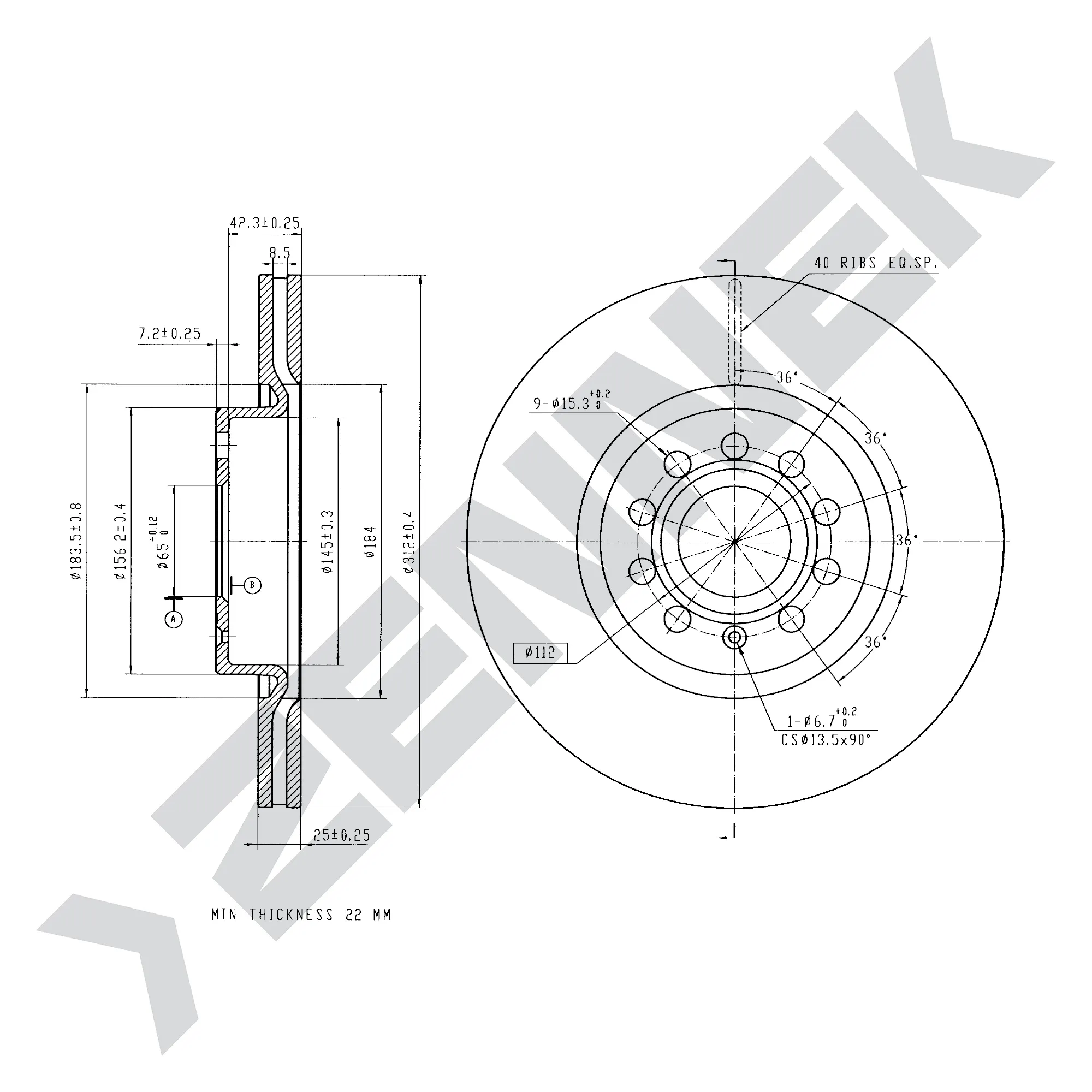 Диск тормозной передний AUDI A3 03-12, A4 B7 04-08 (2 шт) ZENNEK DBD0011