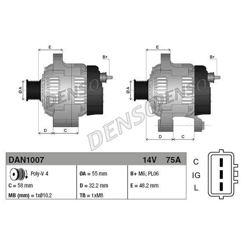 Генератор 14V 75A DENSO DAN1007