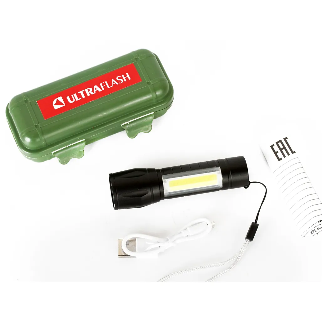 Фонарь аккум 3,7В, черный, XPE + COB LED, 3 Ватт, 3 реж., бокс ULTRAFLASH E1337